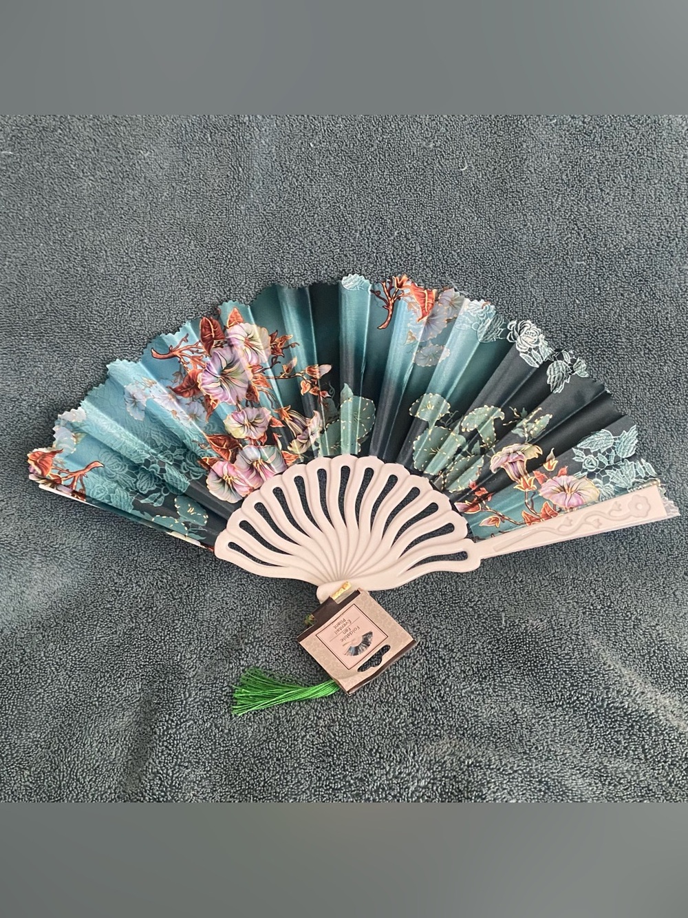 New Folding Hand Fan Teal Green Floral Plastic Handle Nylon Blades 15”W 9”H